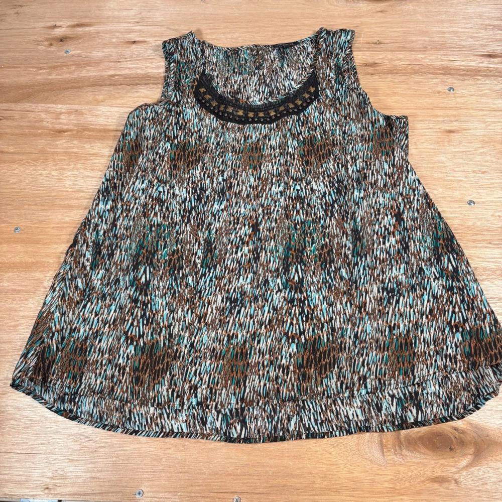 Notations Womens XL Sleeveless Blouse Abstract Print Teal Brown Studded Neckline